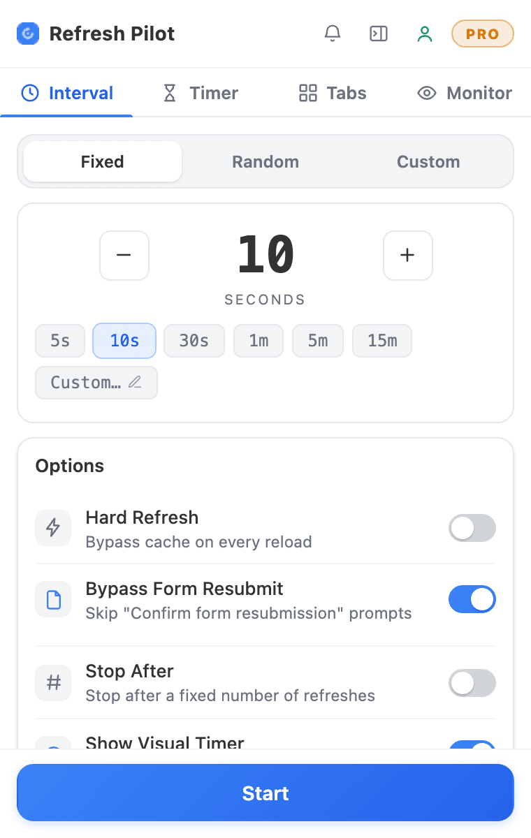 RefreshPilot auto refresh Chrome extension popup with a 10-second refresh interval selected