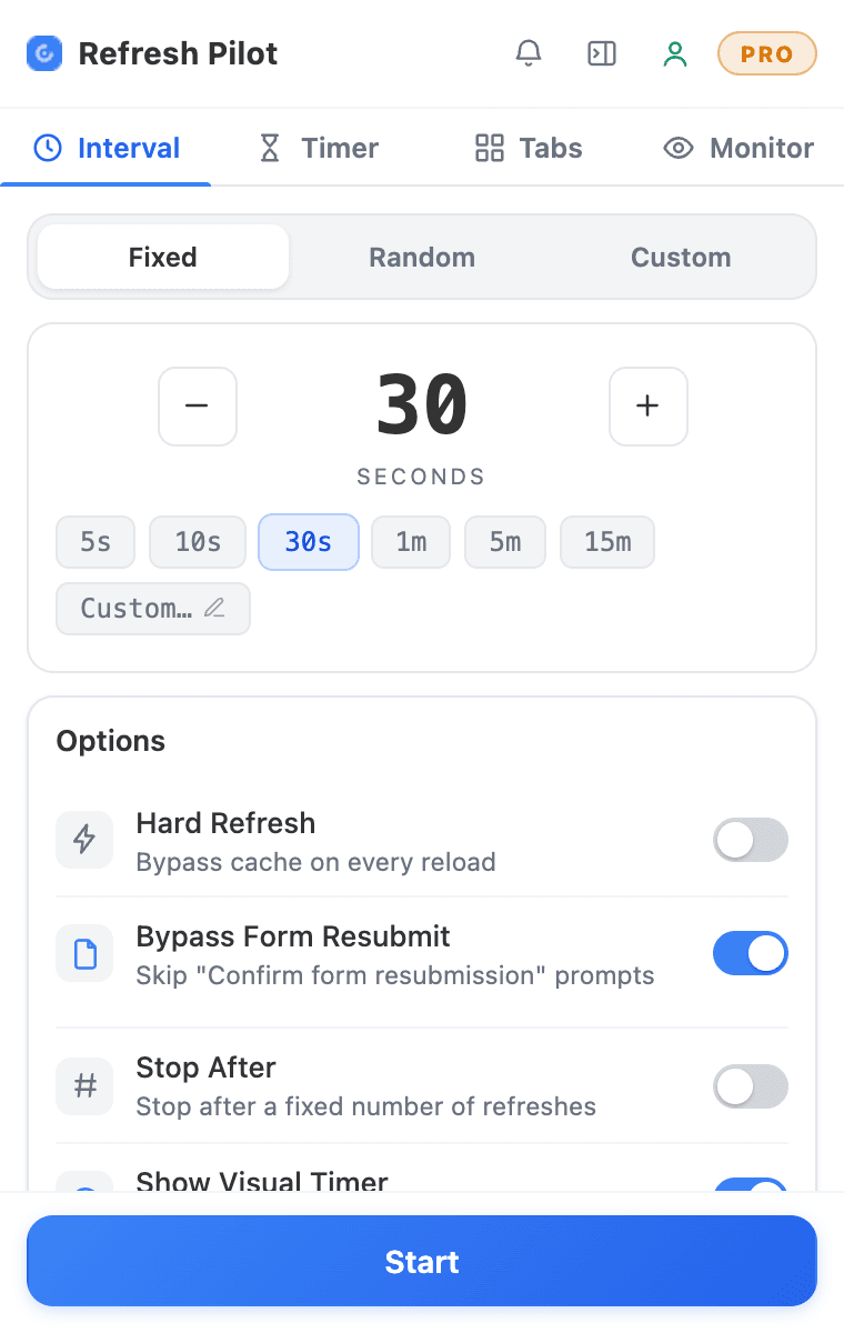 Auto refresh interval presets in RefreshPilot: 5s, 10s, 30s, 1m, 5m and 15m