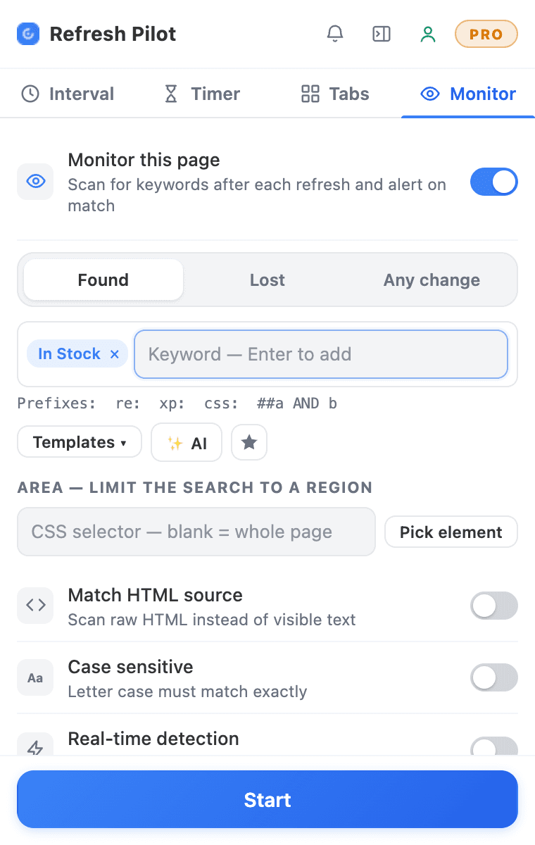 Keyword monitoring in the RefreshPilot auto refresh extension, watching a webpage for “In Stock”