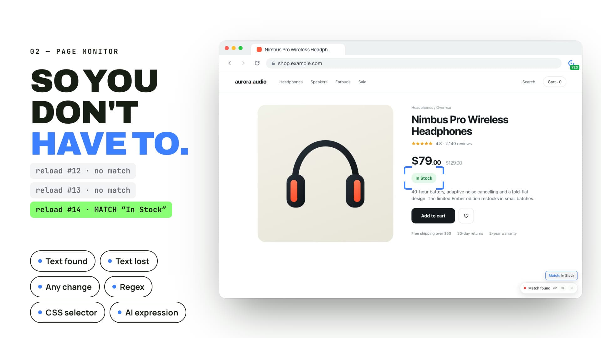 RefreshPilot auto refresh Chrome extension finding the keyword “In Stock” on a product page after an automatic page refresh